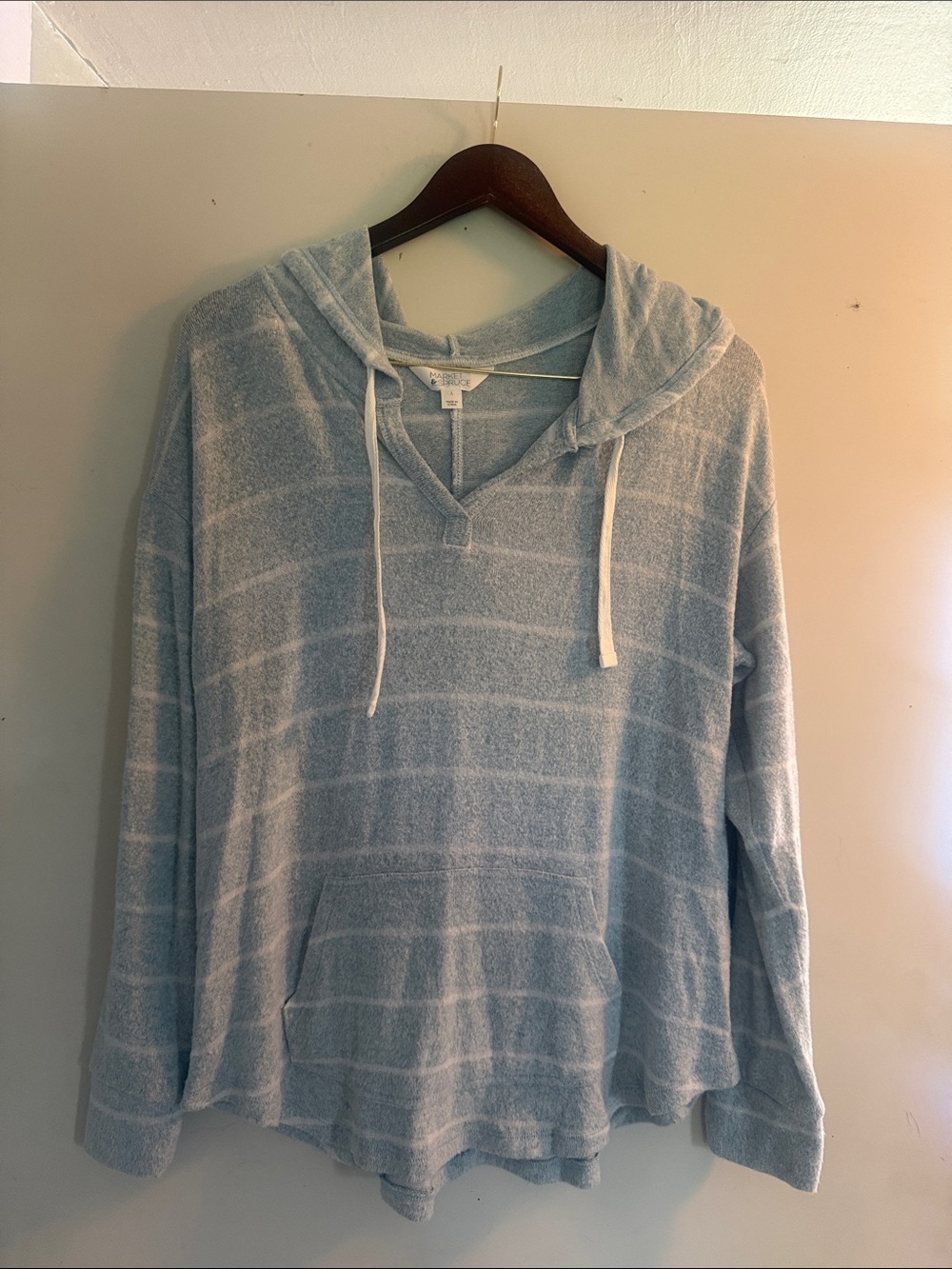 Market & Spruce Women’s Light Blue White Striped Hooded Knit Top Sz L